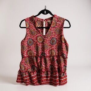 C Lab Sleeveless Tiered Floral V Neck‎ Mock Neck Top Women's Medium Red